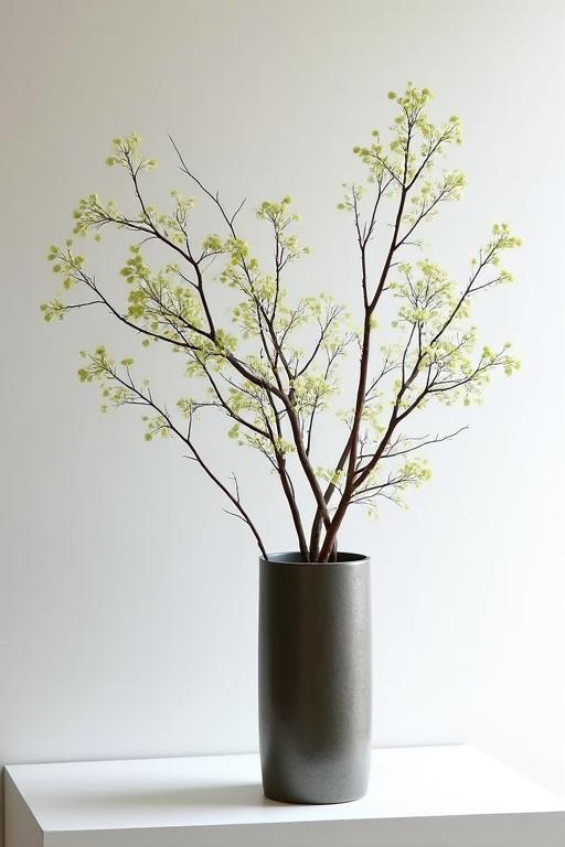 現代的なデザインの金属製花器に生けられた大胆な枝もの