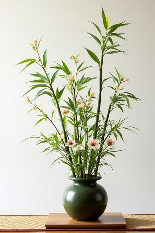 竹と季節の花を組み合わせた日本的な生け花