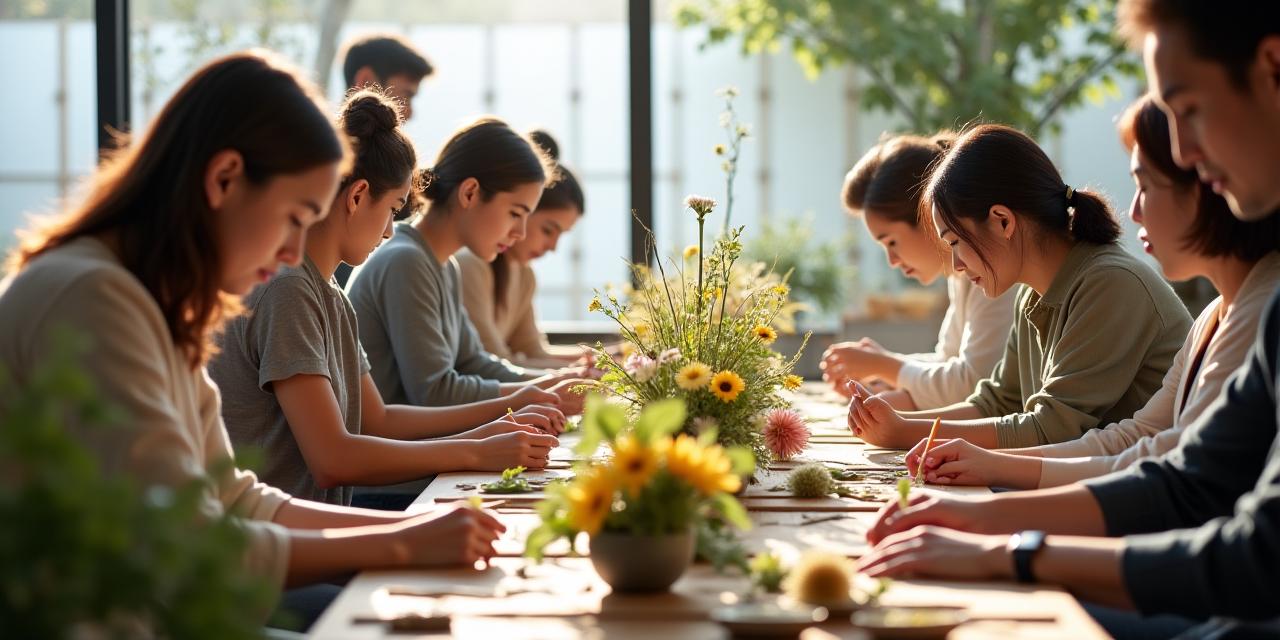 参加者が熱心に生け花を学んでいるワークショップの様子